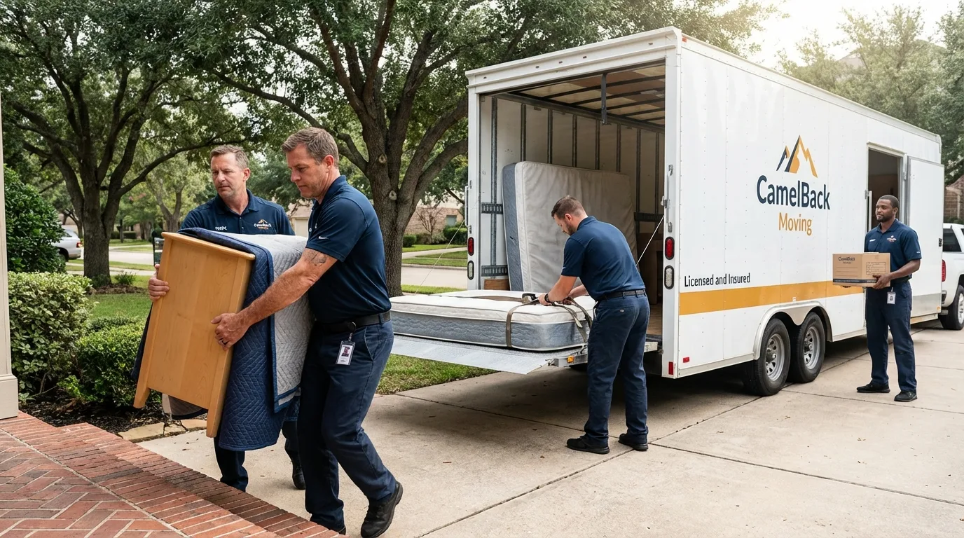 Crew loading residential truck for cross-state move from Bloomfield, NY