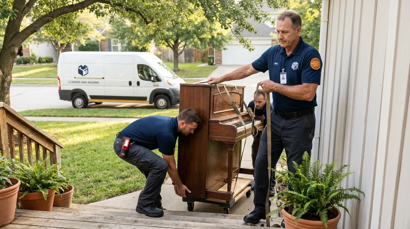 Licensed piano movers securing grand piano in Bloomfield, NY