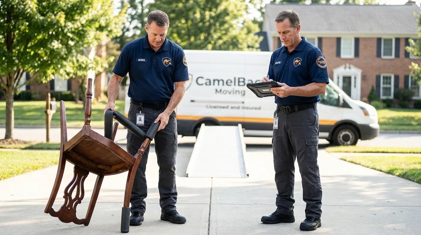 Movers inspecting furniture for damage prevention before loading in Bloomfield, NY